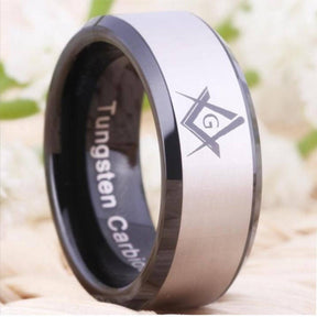 Master Mason Blue Lodge Ring - Black Beveled Tungsten Personalizable - Bricks Masons