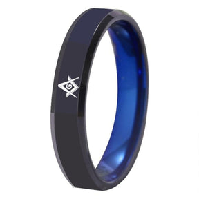 Master Mason Blue Lodge Ring - Black With Blue Tungsten Personalizable - Bricks Masons
