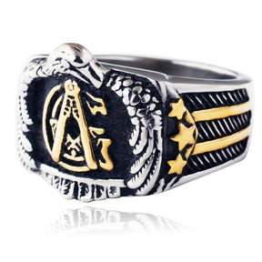 Master Mason Blue Lodge Ring - Eagle US Flag Golden - Bricks Masons
