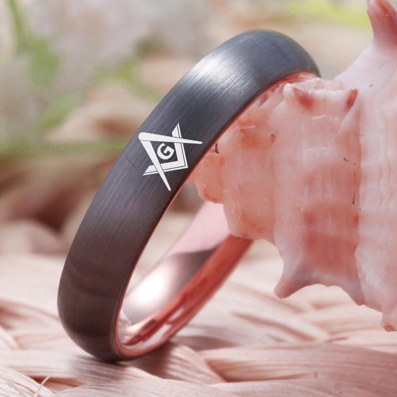 Master Mason Blue Lodge Ring - Gunmetal With Rose Gold Tungsten Personalizable - Bricks Masons
