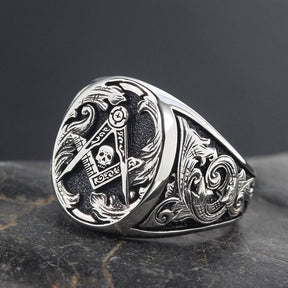 Master Mason Blue Lodge Ring - Signet Skull Square and Compass 925 Sterling Silver - Bricks Masons