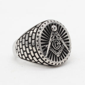 Master Mason Blue Lodge Ring - Silver Titanium Steel Square & Compass G - Bricks Masons
