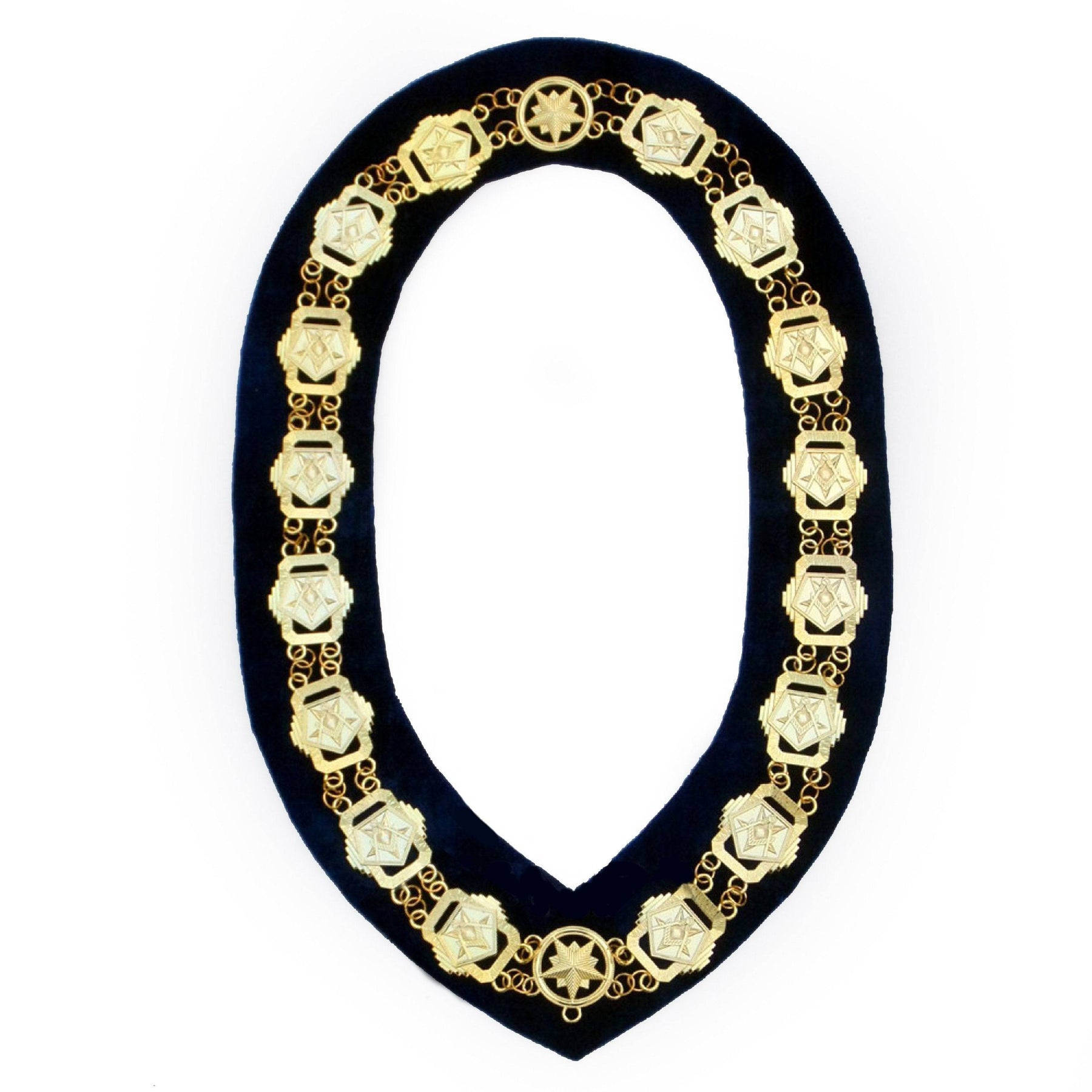 OES Chain Collar - Gold Plated Square & Compass on Blue Velvet - Bricks Masons