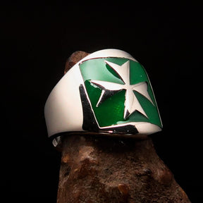 Order of Malta Ring - Silver & Green Sterling Silver Cross - Bricks Masons