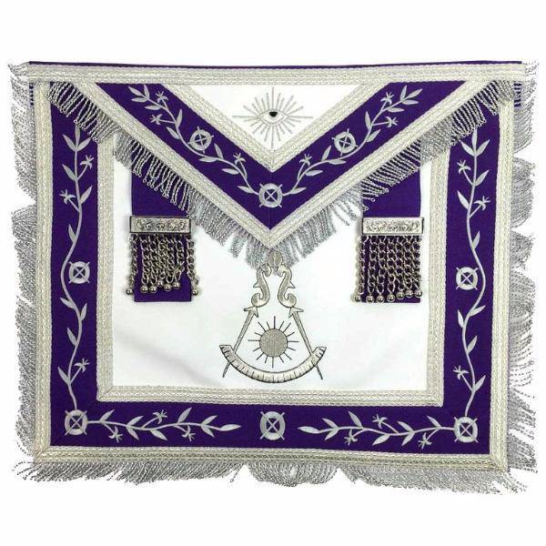 Past Master Blue Lodge Apron - White & Purple with Silver Machine Embroidery - Bricks Masons