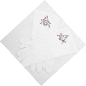 Master Mason Blue Lodge Gloves - Polyester With Square and Compass G Rhinestone