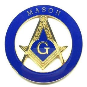 Master Mason Blue Lodge Car Emblem - Golden Blue Compass and Square G Medallion