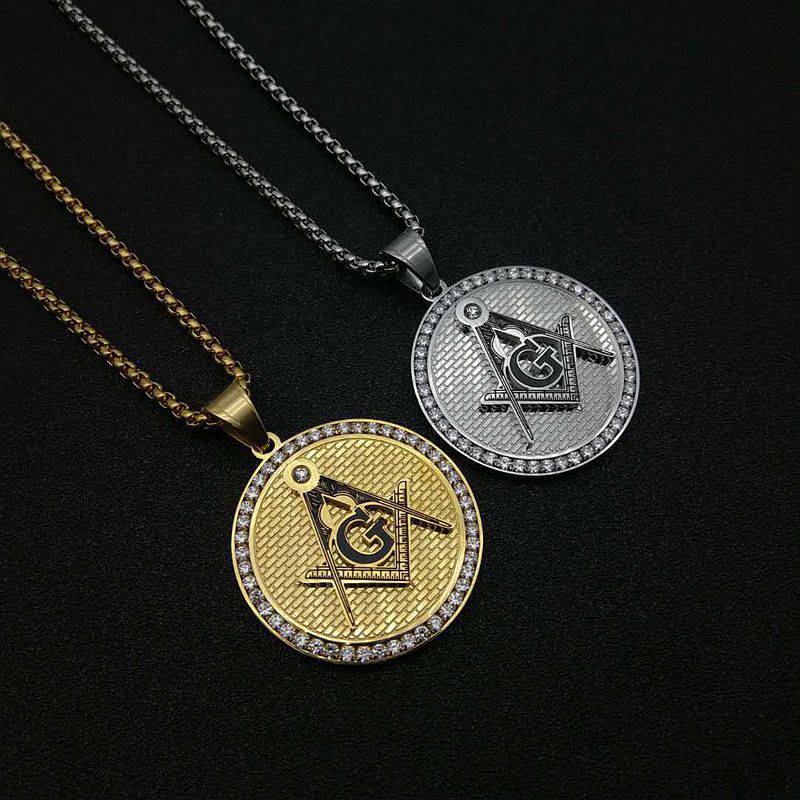 Master Mason Blue Lodge Necklace - Square and Compass with G Iced Out Round (Gold & Silver)