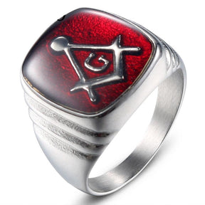 Master Mason Blue Lodge Ring - Casted Square & Compass G Red Stainless Steel