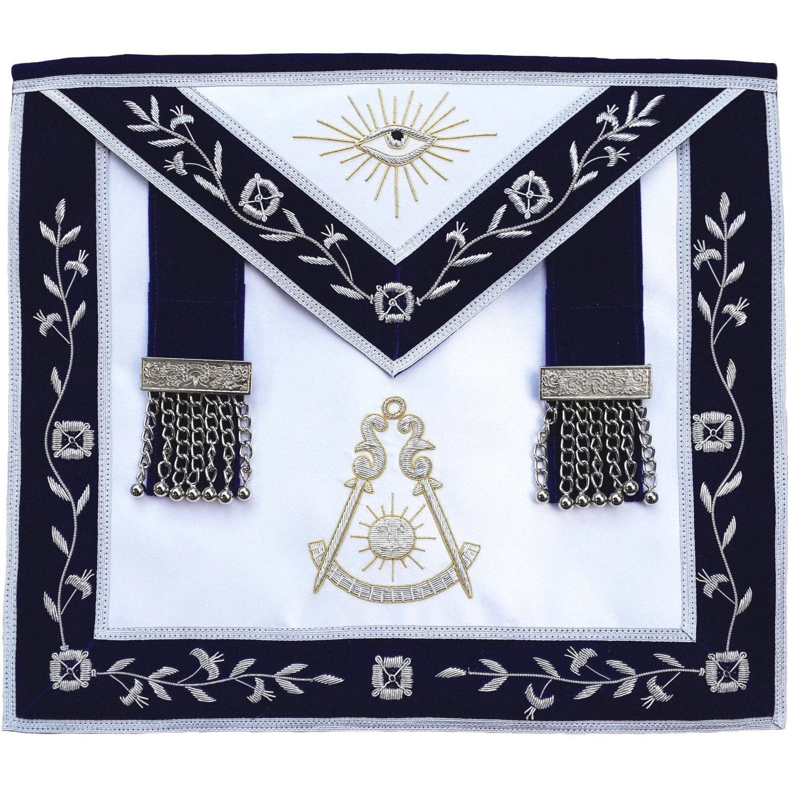 Past Master Blue Lodge Apron - Blue Velvet with Side Tabs & Silver Hand Embroidery