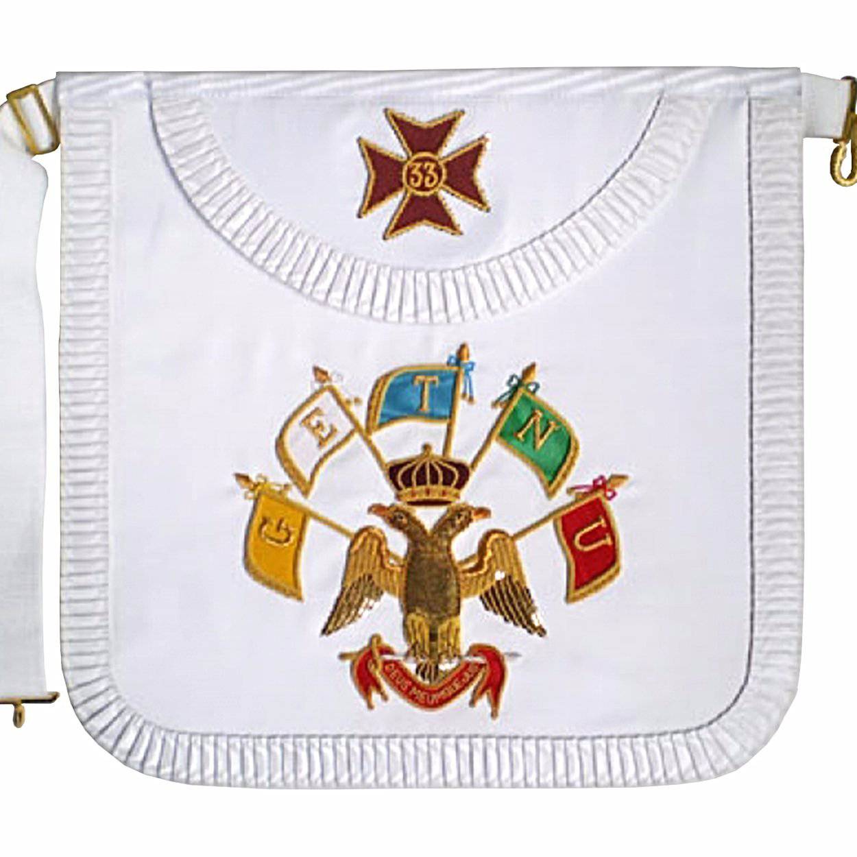 33rd Degree Scottish Rite Apron - All White Satin with Pleated Edges