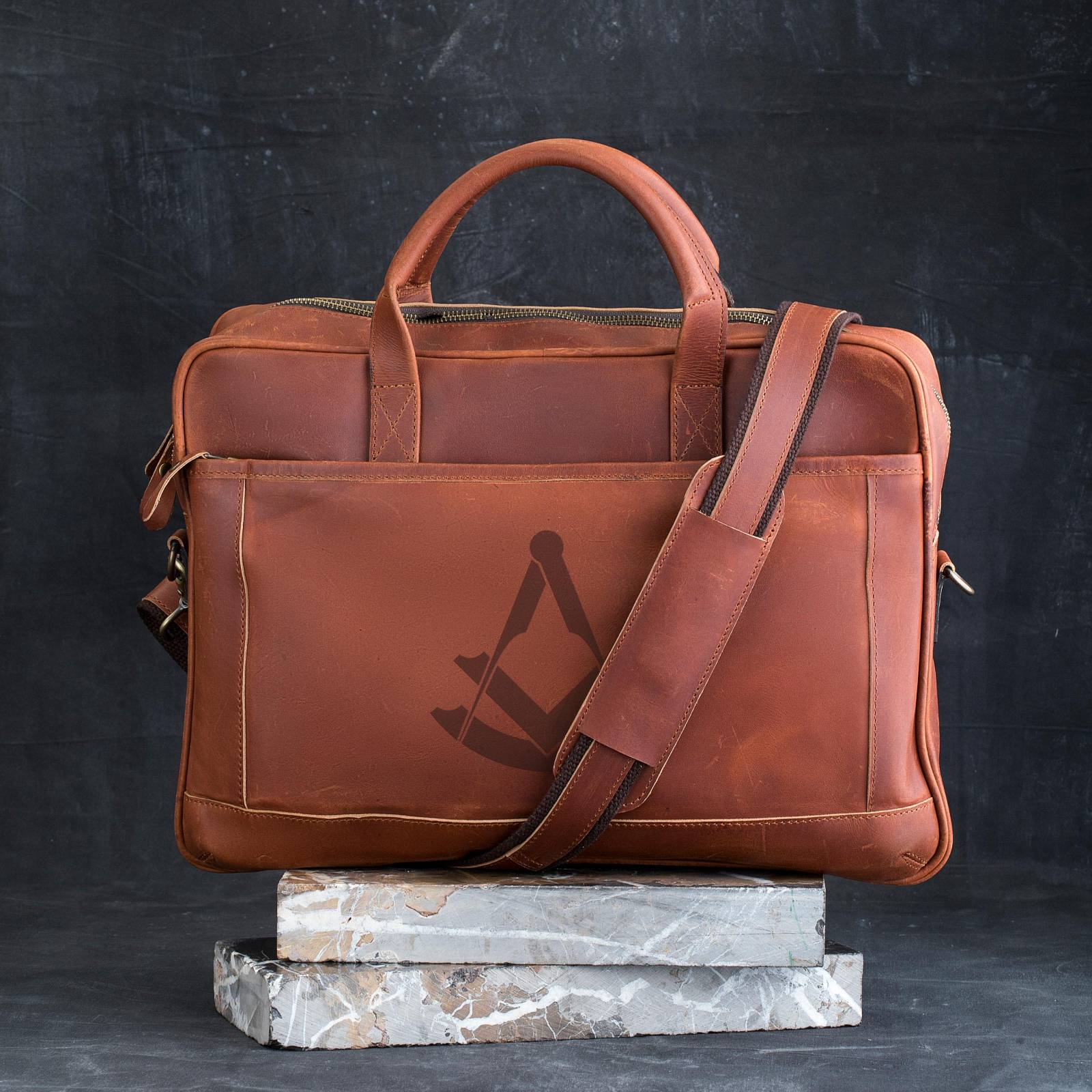 Past Master Blue Lodge Briefcase - Brown Full Grain Leather - Bricks Masons