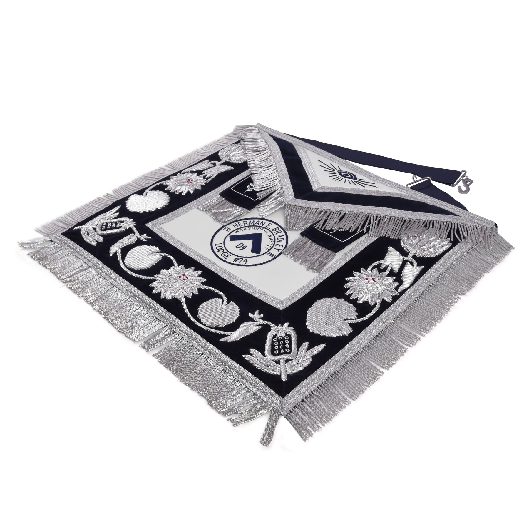 Worshipful Master Blue Lodge Apron - Blue Velvet With Silver Bullion & Fringe - Bricks Masons