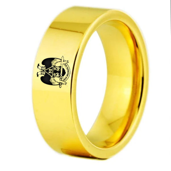 32nd Degree Scottish Rite Ring - Wings Down Gold Color Pipe Cut Tungsten - Bricks Masons