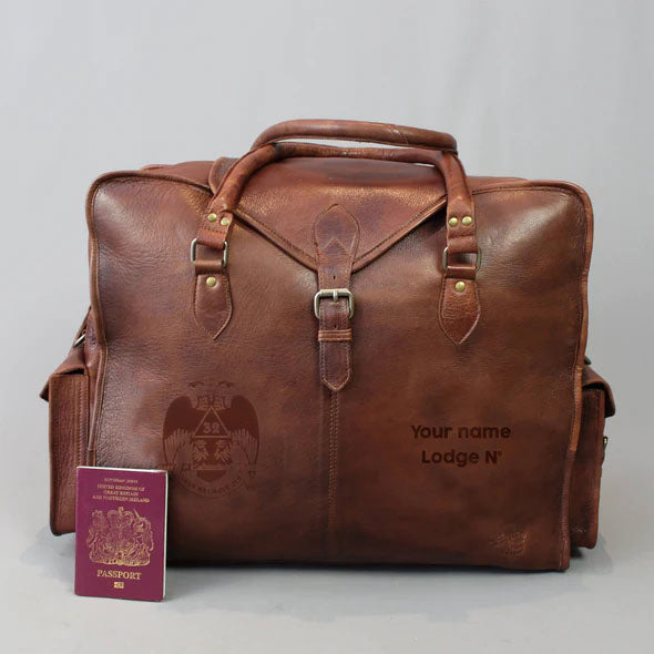 32nd Degree Scottish Rite Travel Bag - Wings Down Genuine Brown Leather - Bricks Masons