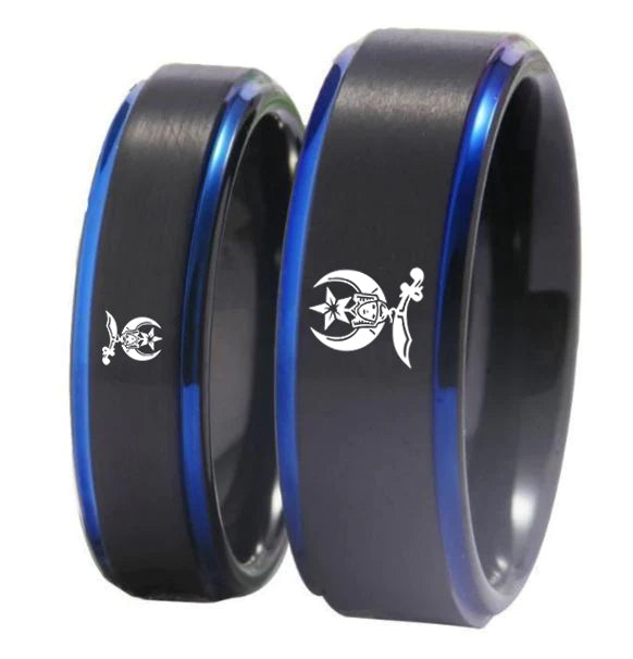 Shriners Ring - Black Blue Tungsten - Bricks Masons