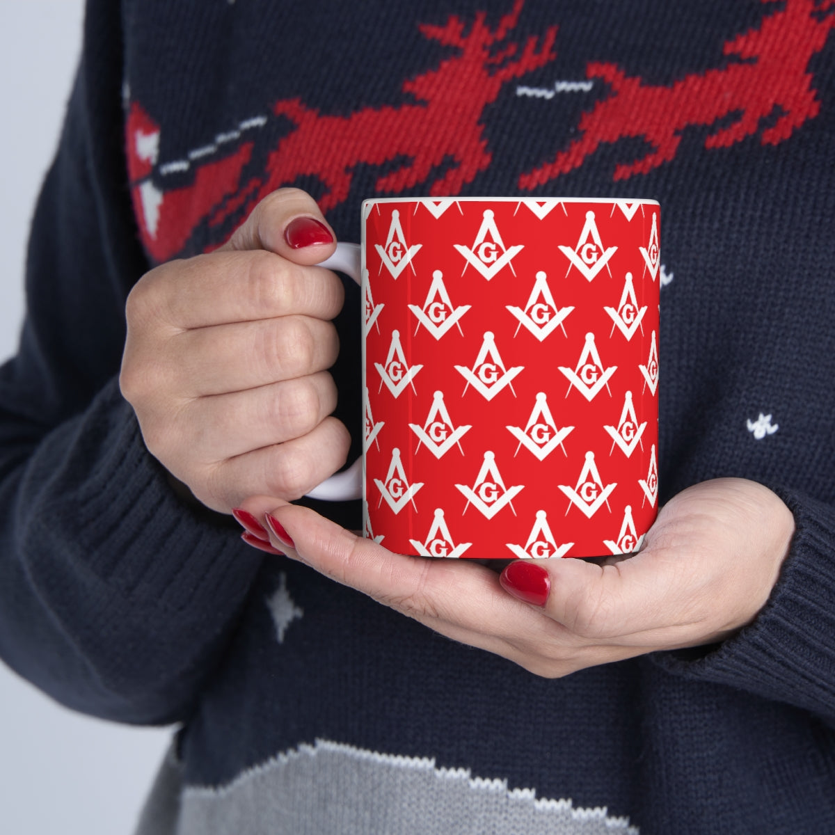 Master Mason Blue Lodge Mug - White and Red Ceramic for Christmas - Bricks Masons