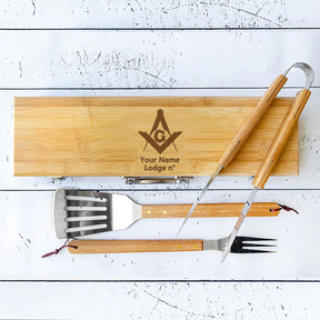 Master Mason Blue Lodge Grill Tool - BBQ Set & Bamboo Case - Bricks Masons