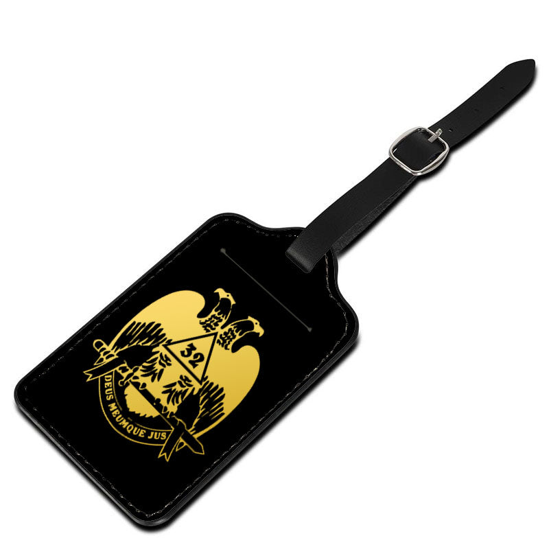 32nd Degree Scottish Rite Luggage Tag - Wings Down Black Leather - Bricks Masons