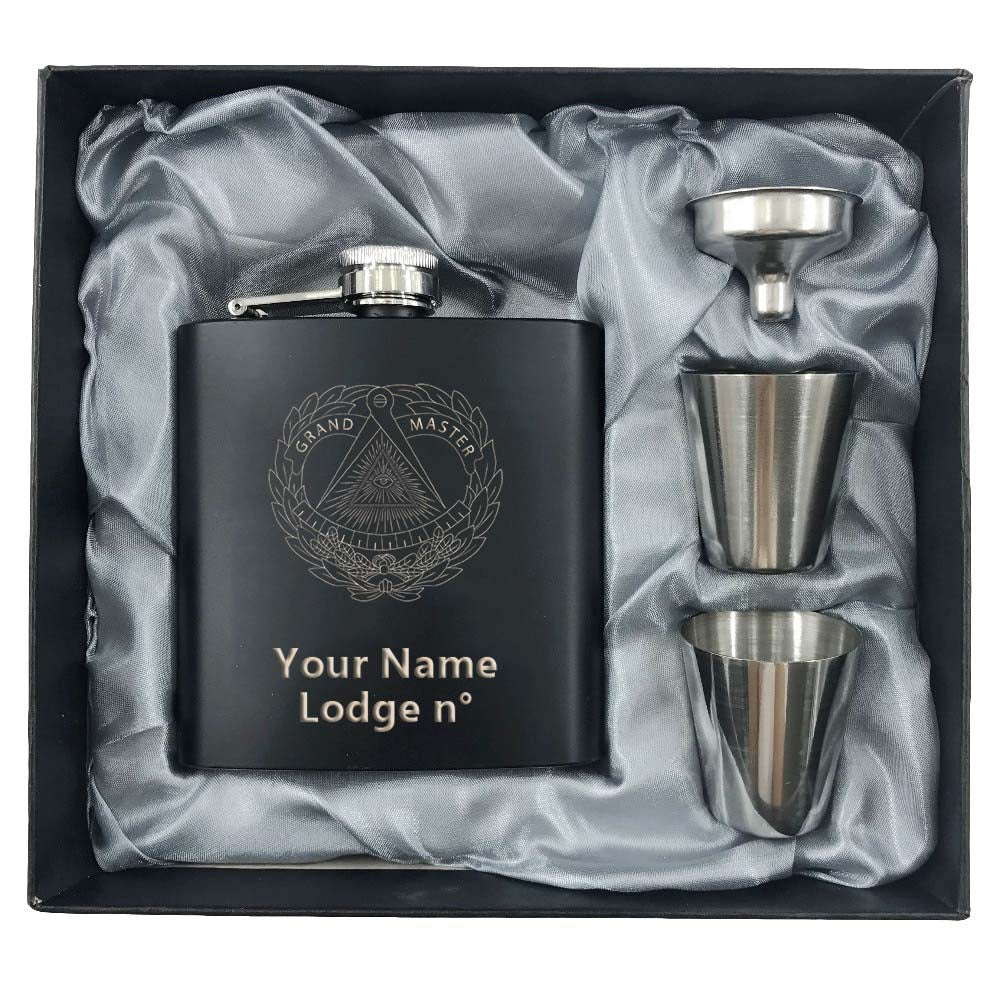 Grand Master Blue Lodge Flask - 2 Shot Glasses & Funnel - Bricks Masons