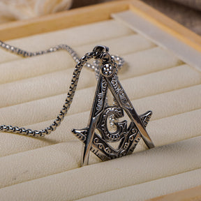 Master Mason Blue Lodge Necklace - Silver Titanium Steel Square & Compass G - Bricks Masons