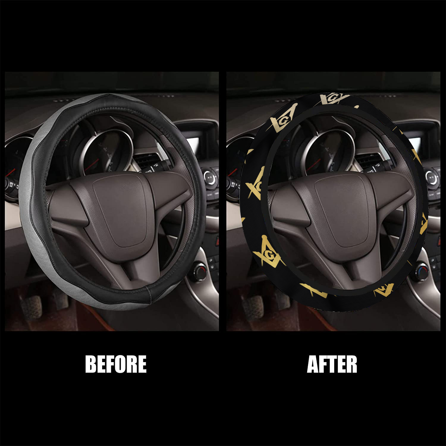 Master Mason Blue Lodge Steering Wheel Cover - White & Gold - Bricks Masons