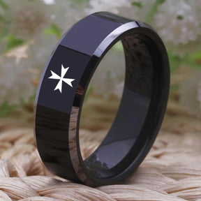 Order of Malta Commandery Ring - Black Tungsten Carbide - Bricks Masons