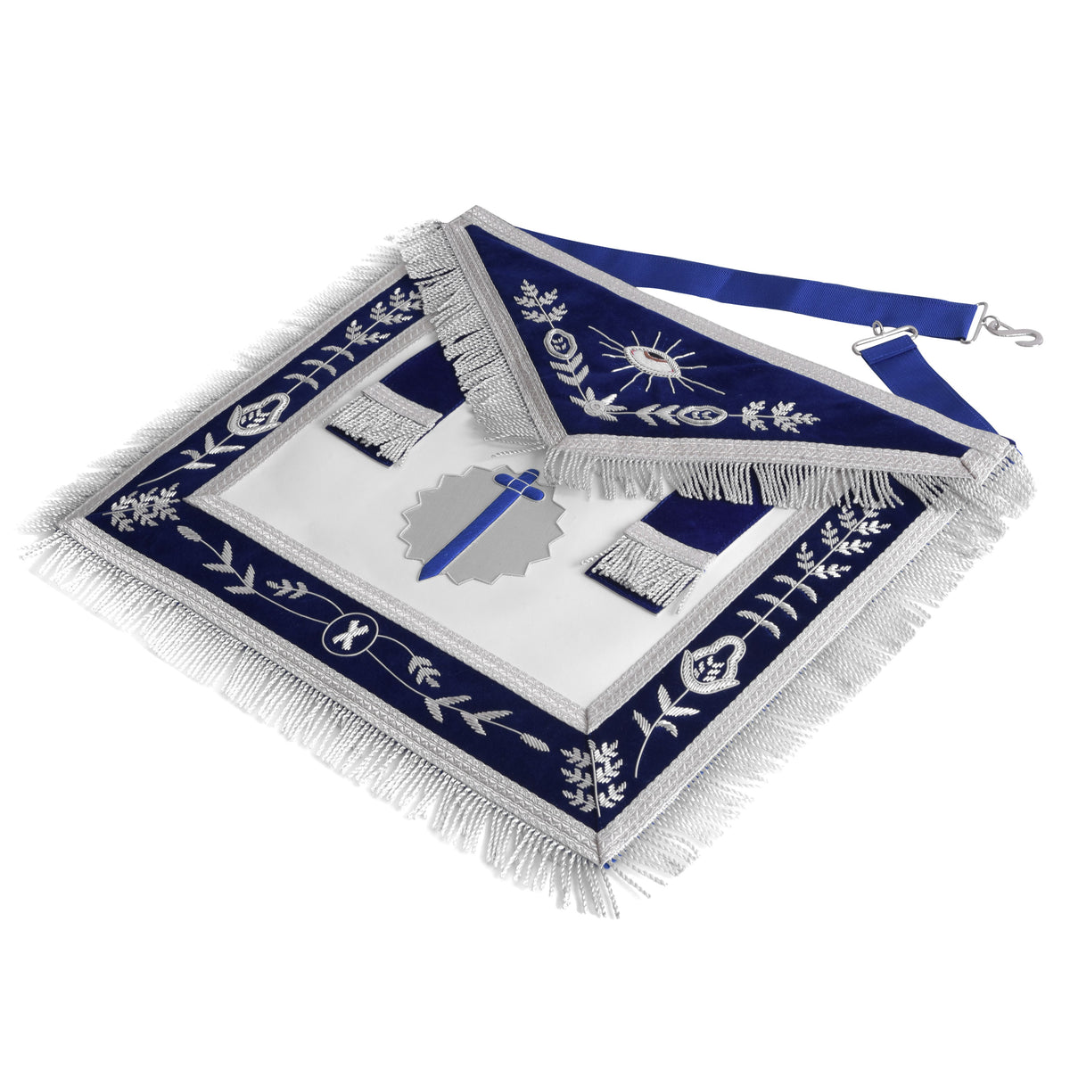 Tyler Blue Lodge Officer Apron - Navy Blue Velvet With Silver Fringe - Bricks Masons